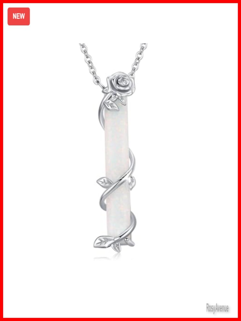S925 Sterling Silver White Opal Rose Bar Necklace with Leaf Charm - 18 inch